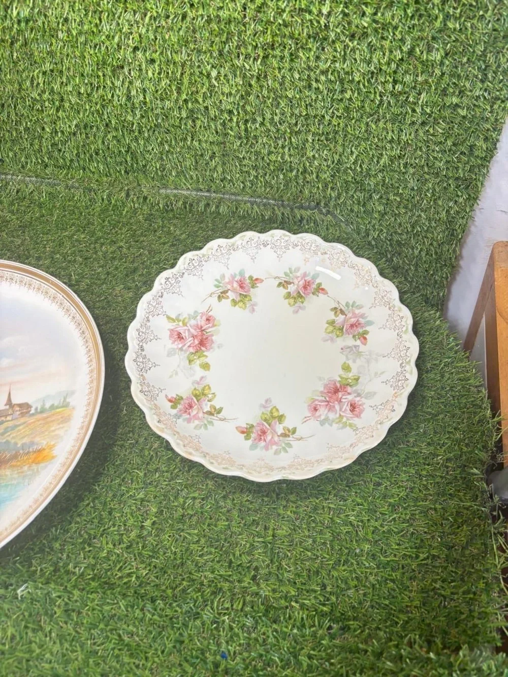 Vintage Crescent China Serving Lot Scenic Platter Floral Bowl Marble Tray 3 Pc
